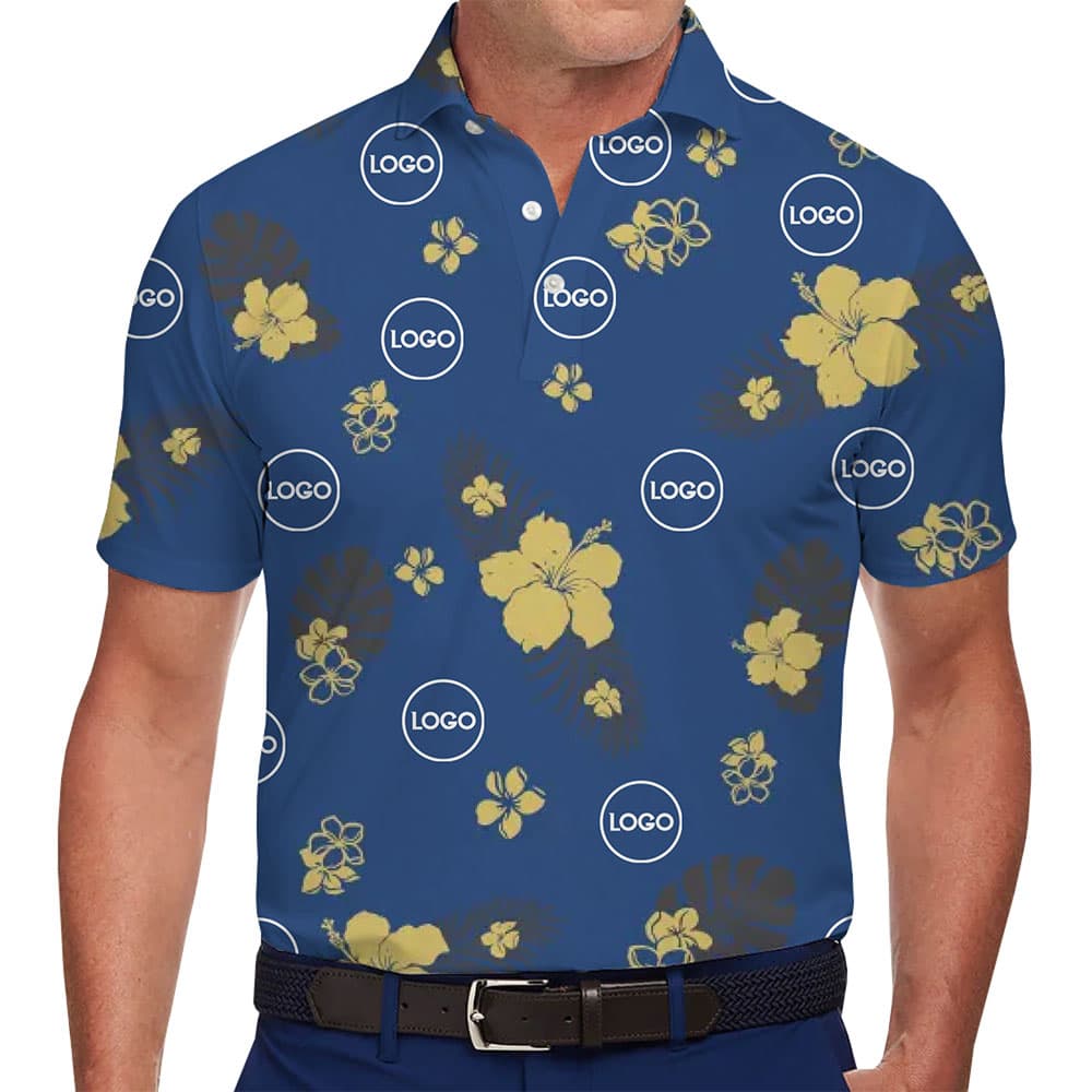 Custom Printed Blue Polo Shirt with Tropical Vibes 1