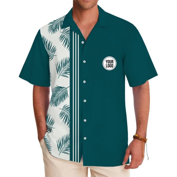 Custom Side Band Tropical Leaf Hawaiian Shirt With Logo in model