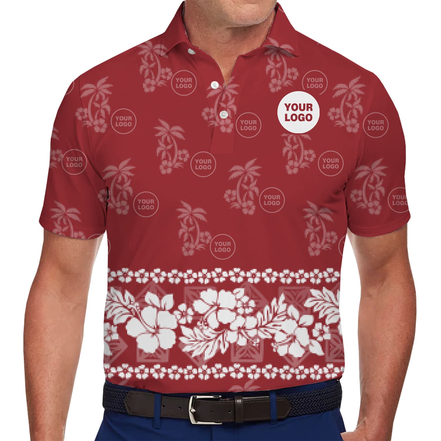 Custom Tropical Hibiscus Polo with Company Logo in model