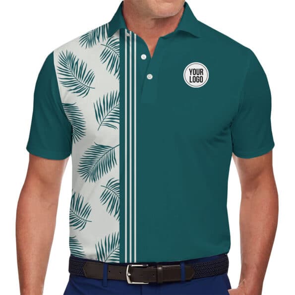 Custom Tropical Leaf Side Band Polo Shirt With Logo in model