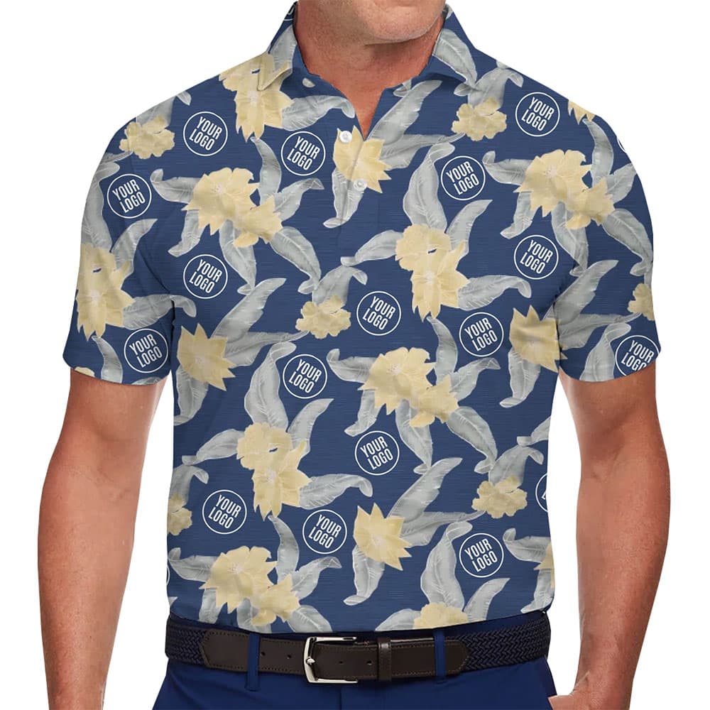 Customizable Blue Hawaiian Polo Shirt with Yellow Flowers