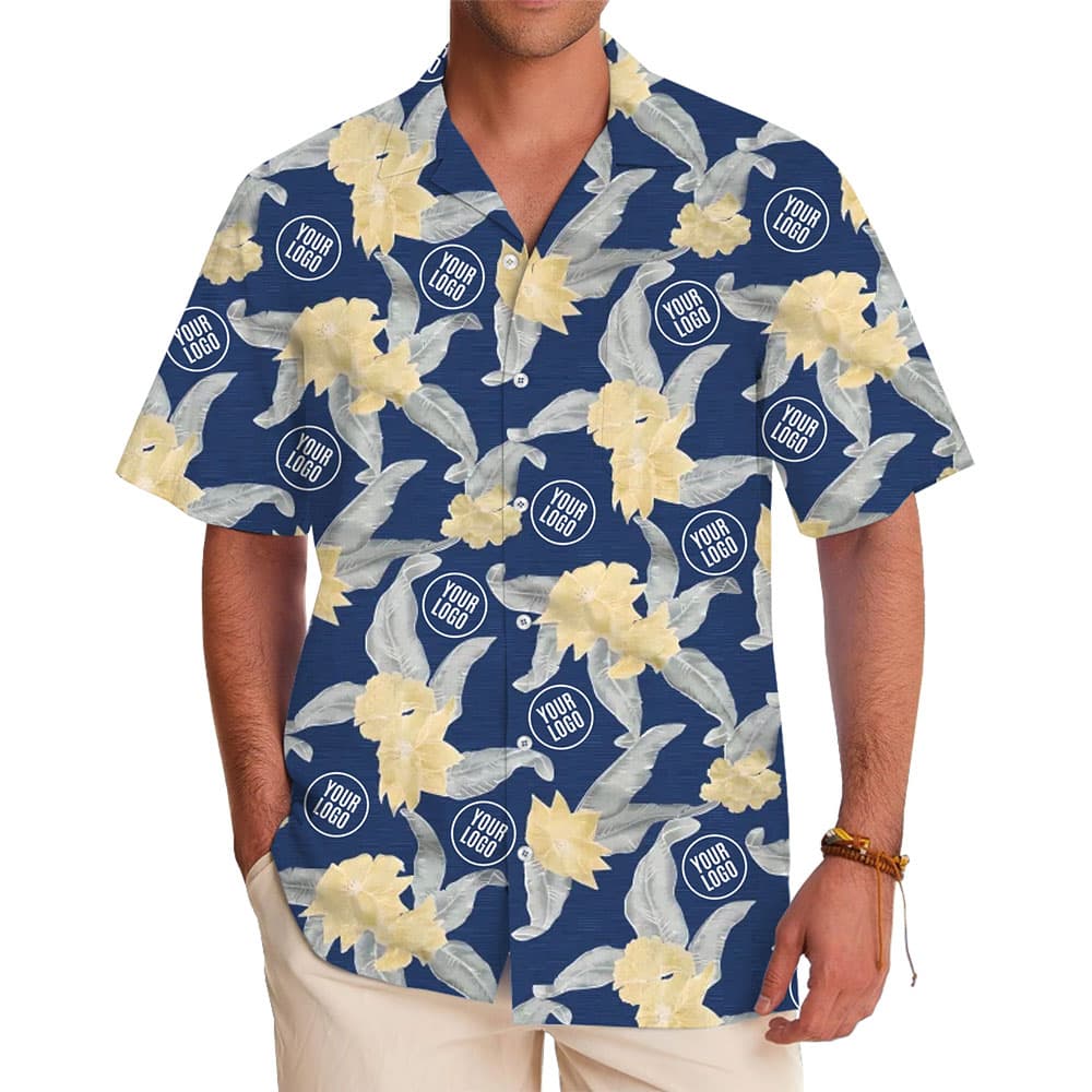Customizable Blue Hawaiian Shirt with Yellow Flowers