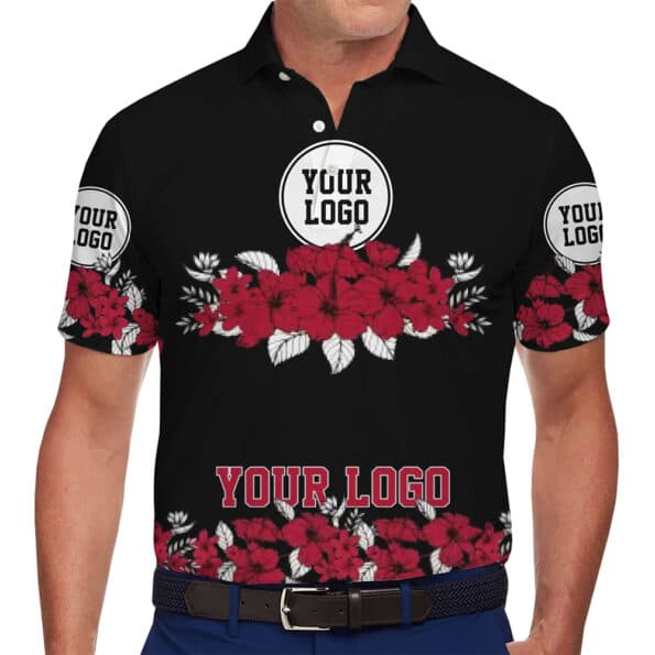 Customize Unique Hibiscus Pattern Polo Shirt With Logo in model
