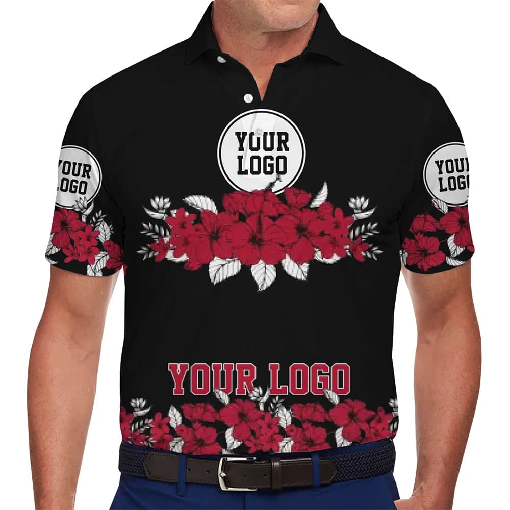 Customize Unique Hibiscus Pattern Polo Shirt With Logo in model