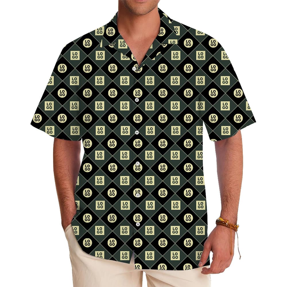 Geometric Pattern Hawaiian Shirt with Custom Logo Design in model