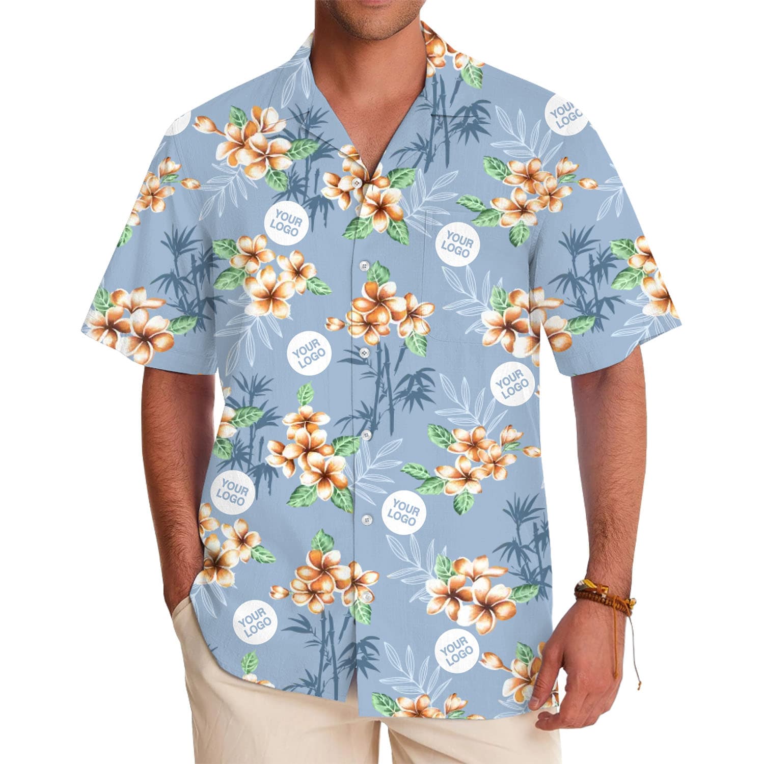Logo Customized Bamboo Hibiscus Pattern Hawaiian Shirt in model