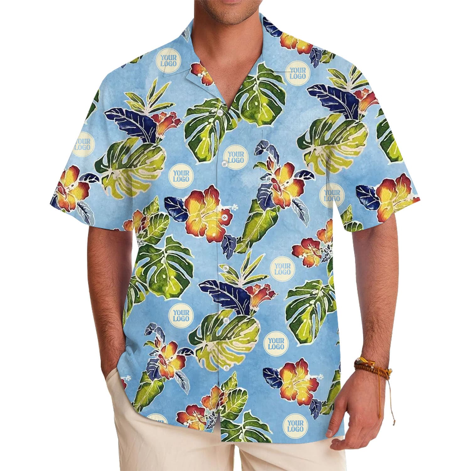 Logo Customized Hibiscus and Tropical Leaf Hawaiian Shirt in model
