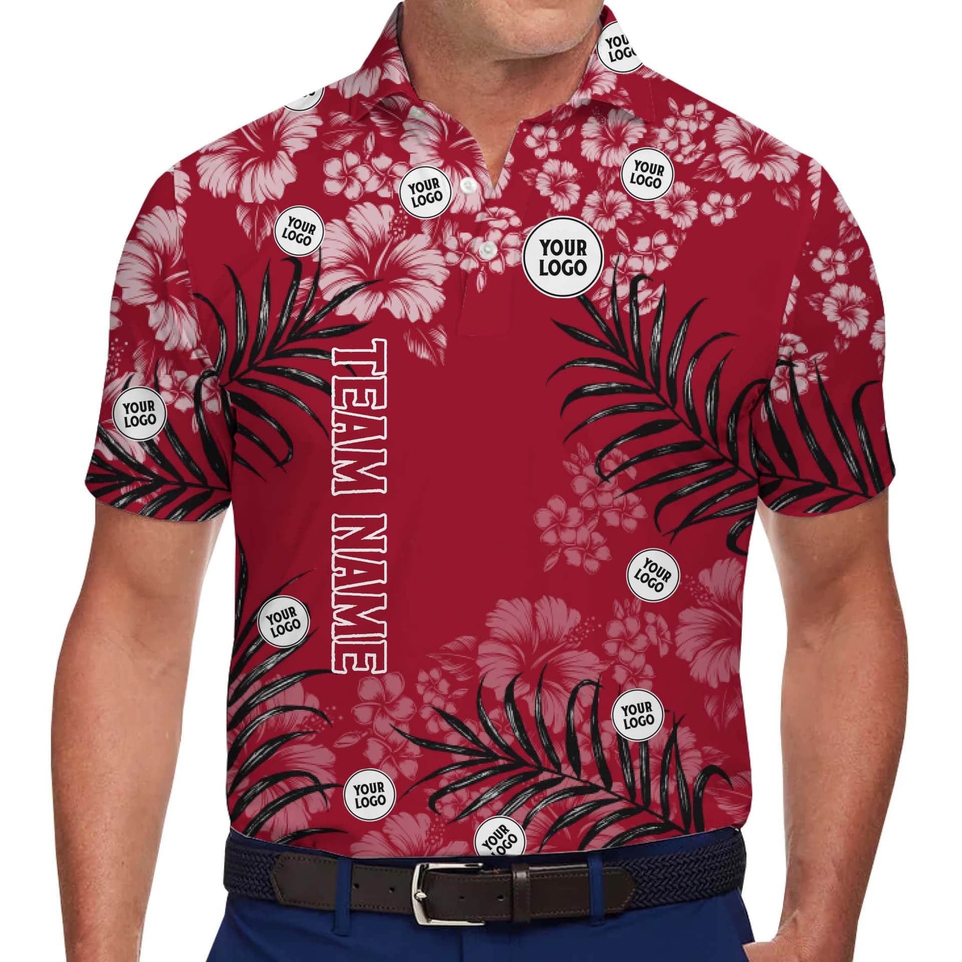 Men in Personalized Red Polo Shirts With Team Name And Logo