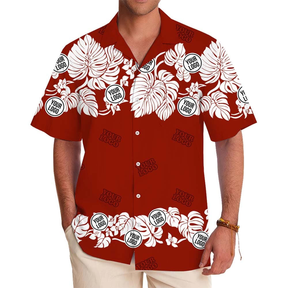 Men in Red Hibiscus Hawaiian Shirt With Custom Logo No Minimum