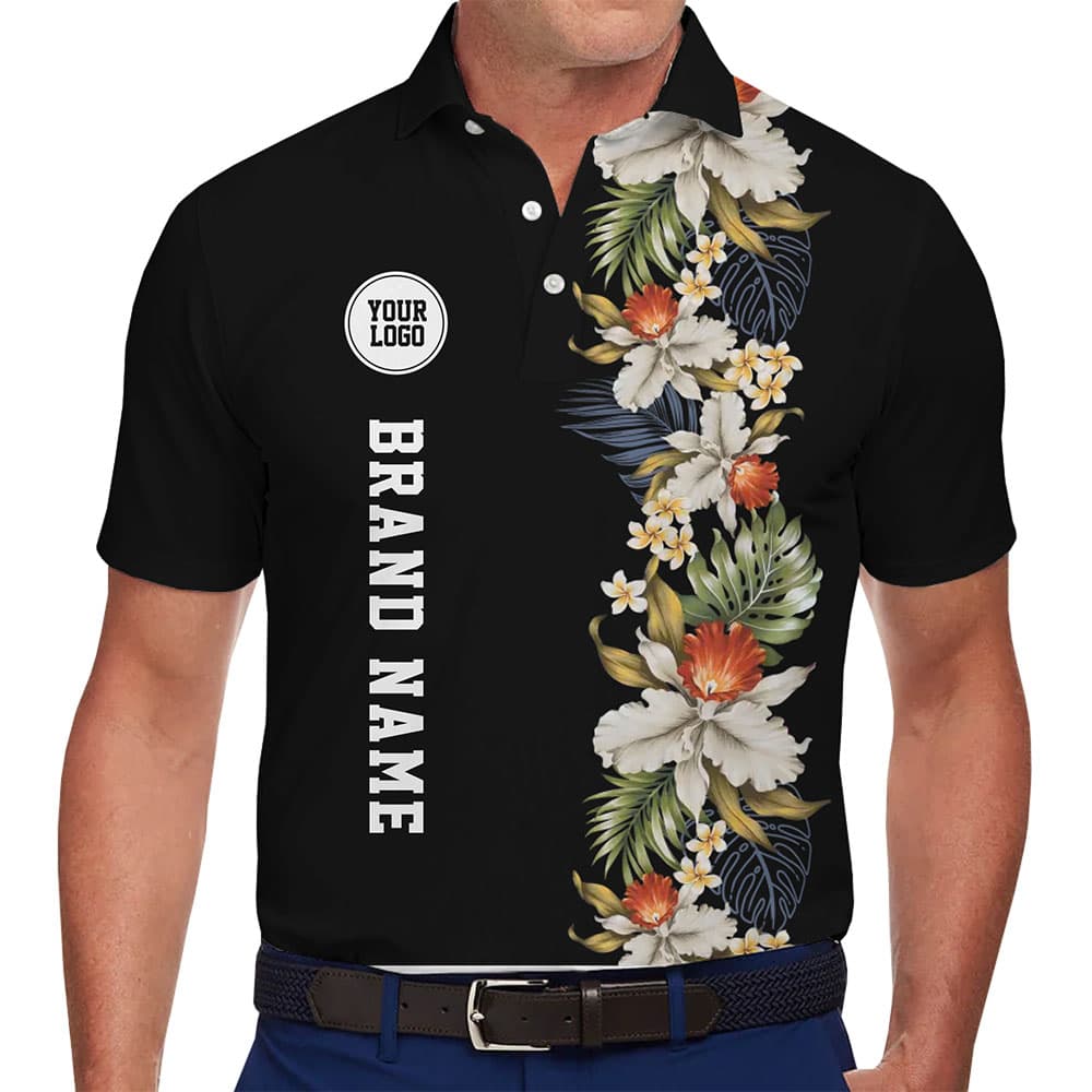 Midnight Hibiscus Golf Polo Shirt With Logo And Text