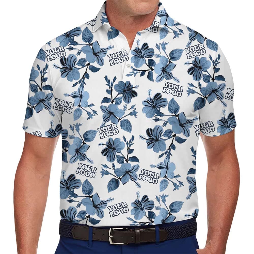 Model in Blue Floral Print Polo Shirt With Instant Custom Logo