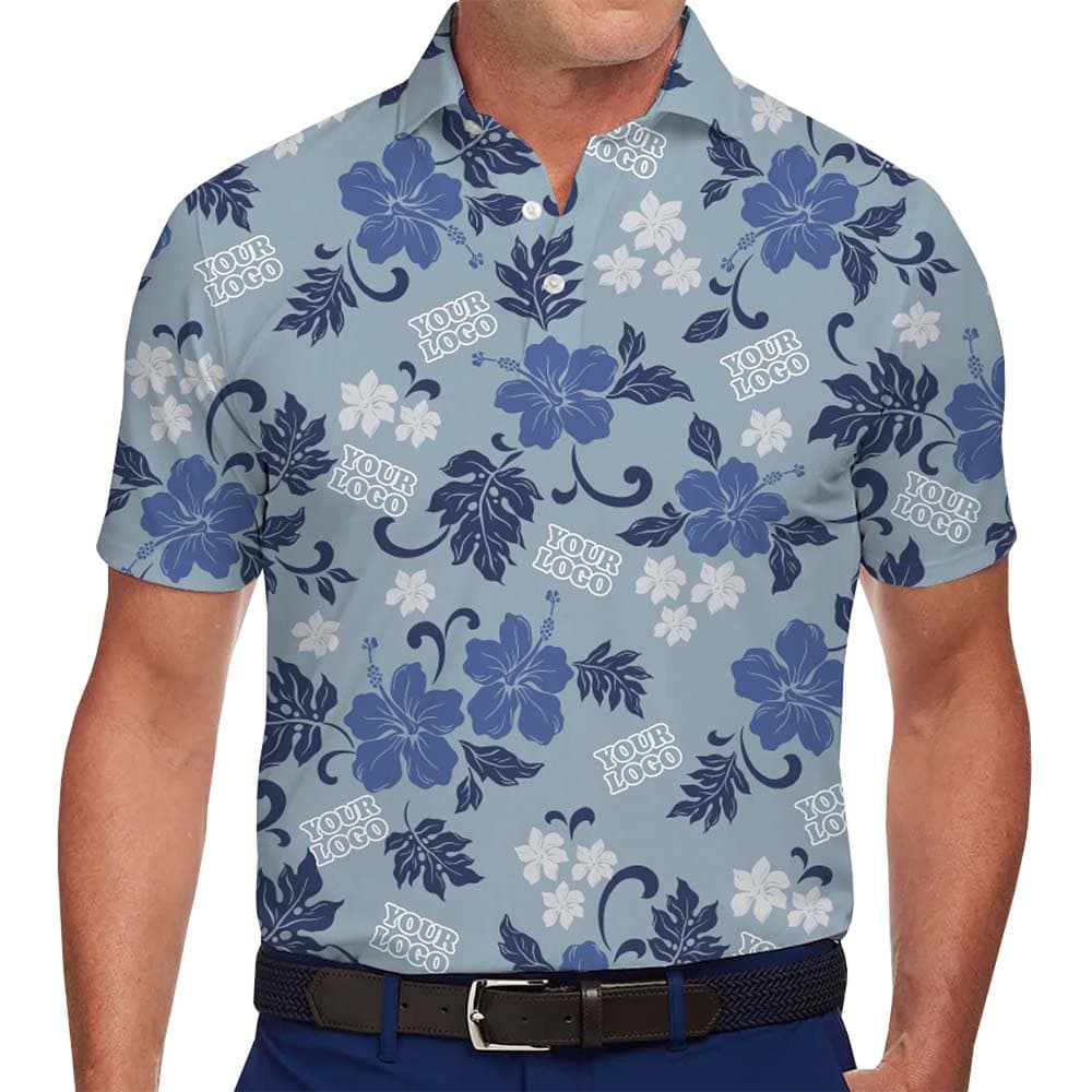 Model in Blue Hibiscus Polo Shirt With Custom All Over Print Logo