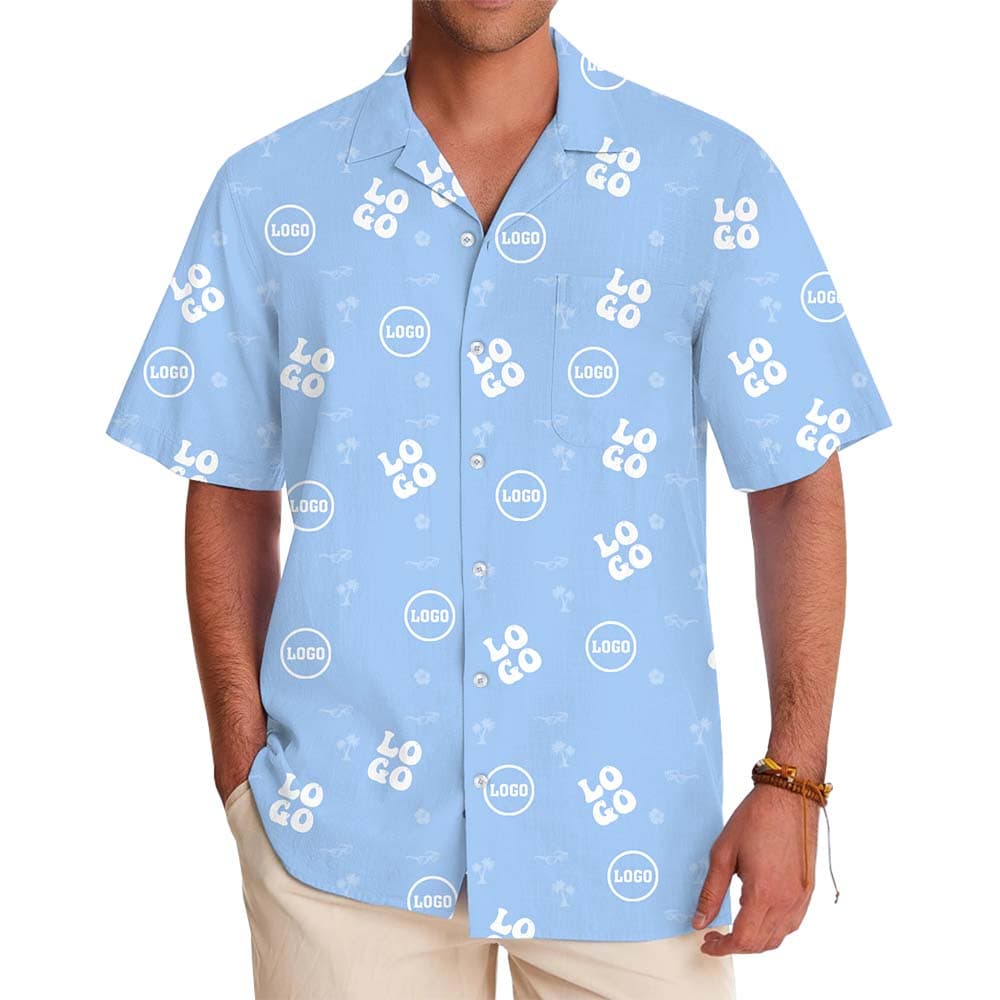 Model in Custom All Over Print Sky Blue Hawaiian Shirt With Two Logos