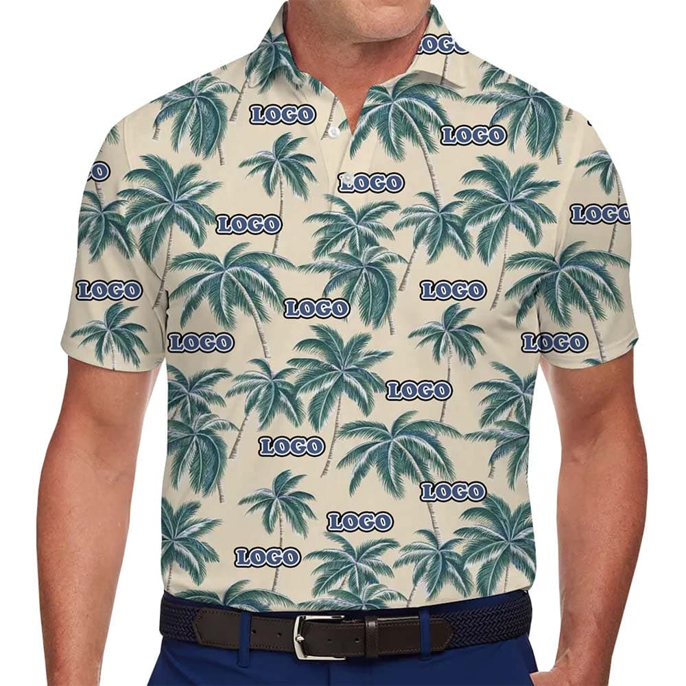 Model in Custom Coconut Tree Hawaiian Polo Shirt With Live Preview