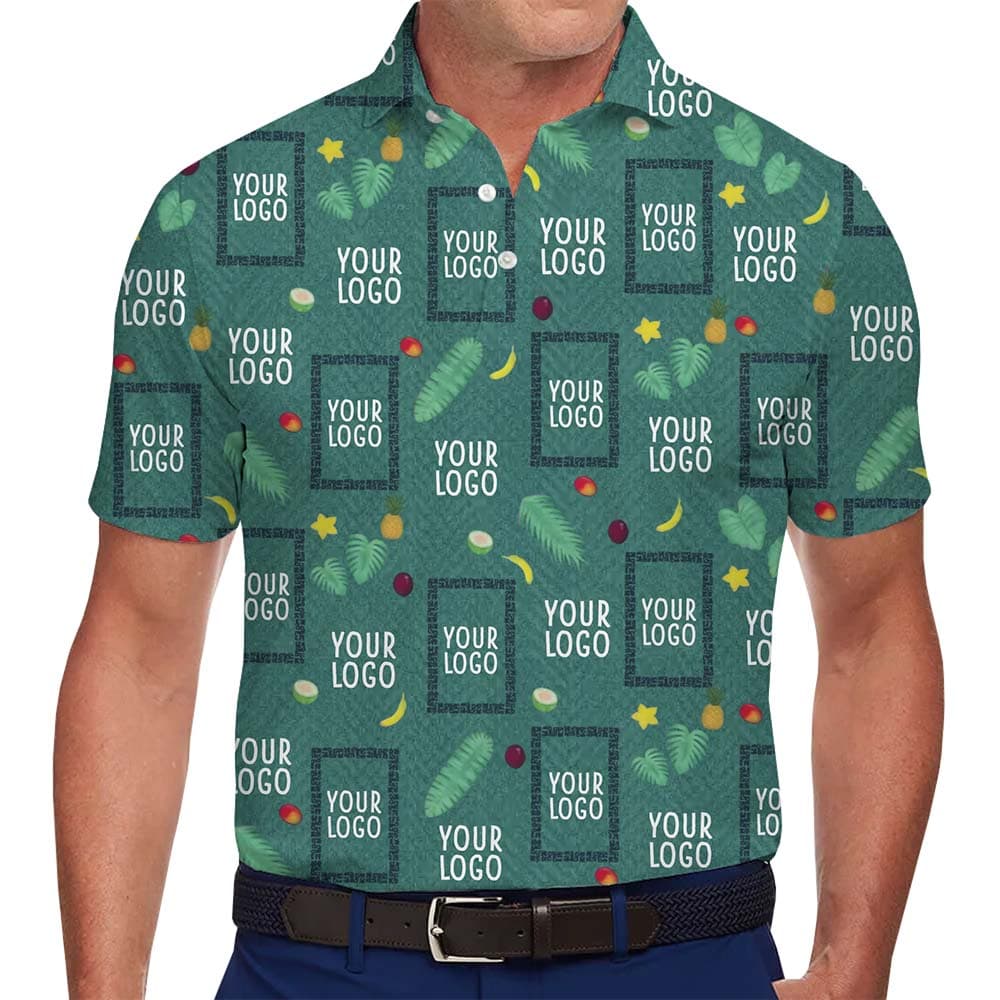 Model in Custom Green Tropical Golf Polos With Logo