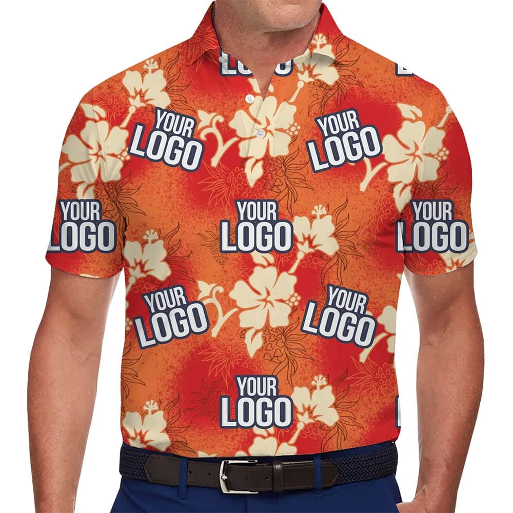 Model in Custom Orange Hibiscus Aloha Polo Shirt With Live Preview