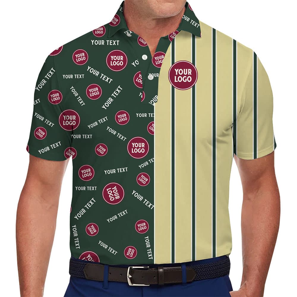 Model in Custom Striped Polo Shirt With Logo And Text