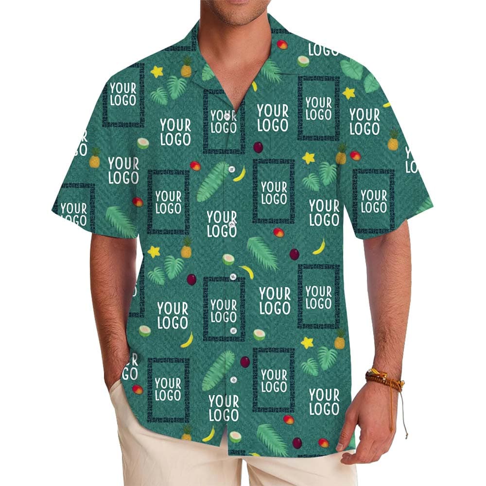 Model in Custom Tropical Green Hawaiian Shirt With Logo