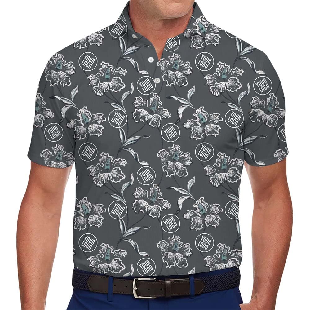 Model in Grey Hawaiian Floral Polo Shirt With Instant Custom Logo