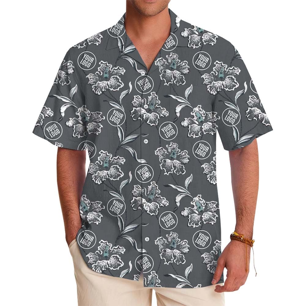 Model in Grey Hawaiian Shirt With Blue Floral Pattern And Instant Custom Logo