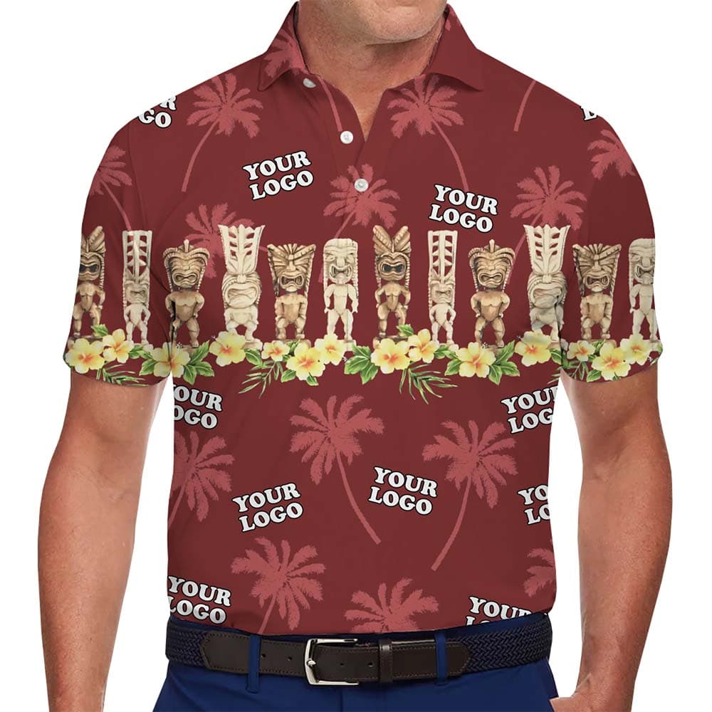 Model in Hawaiian Tiki Statue Tropical Polo Shirts With Plus Size