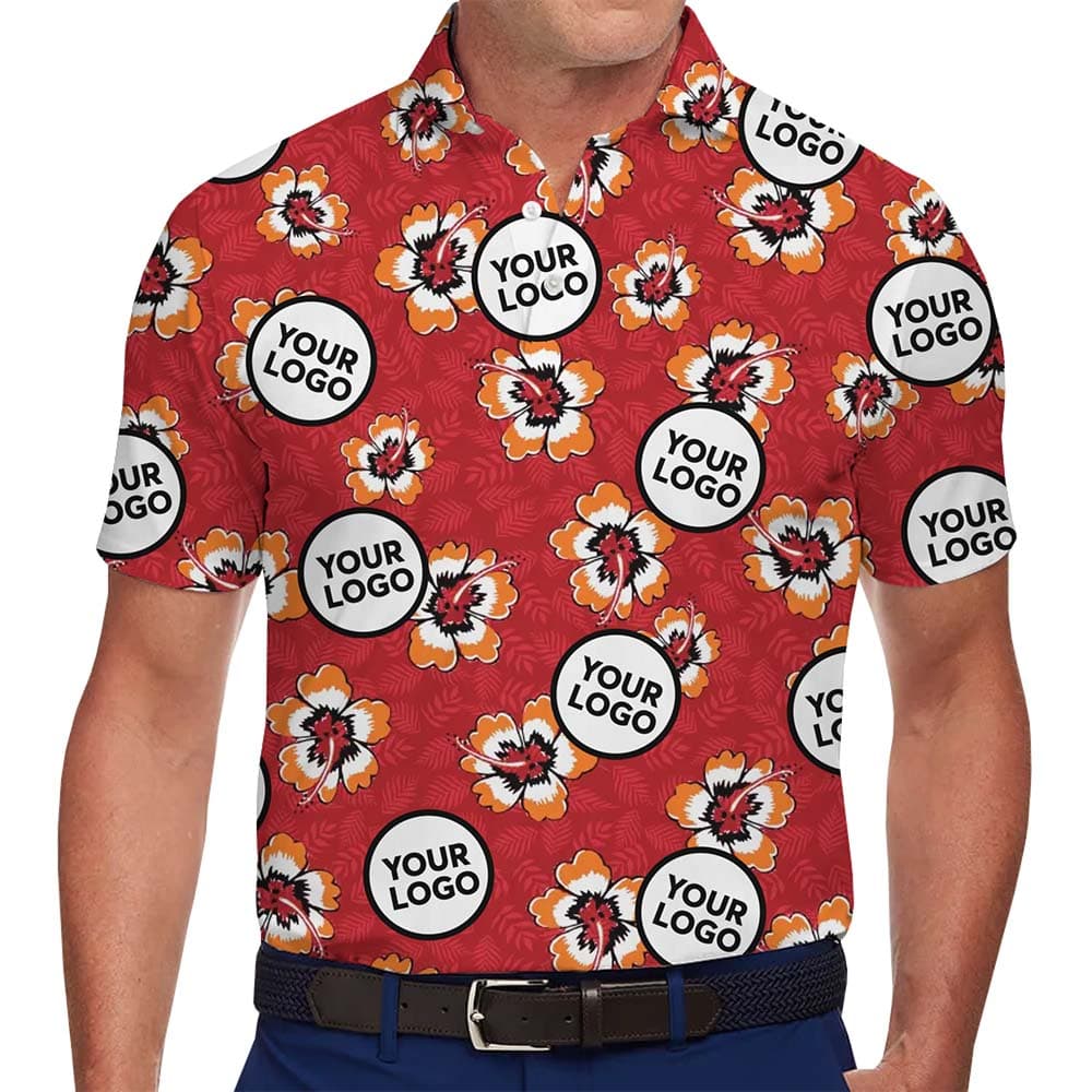 Model in Red Hibiscus Hawaiian Print Polo Shirt With Easy Custom Logo