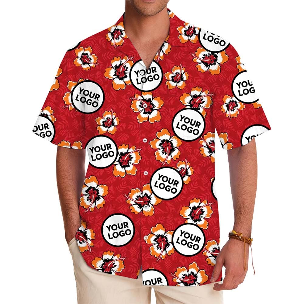 Model in Red Hibiscus Hawaiian Shirt With Easy Custom Logo
