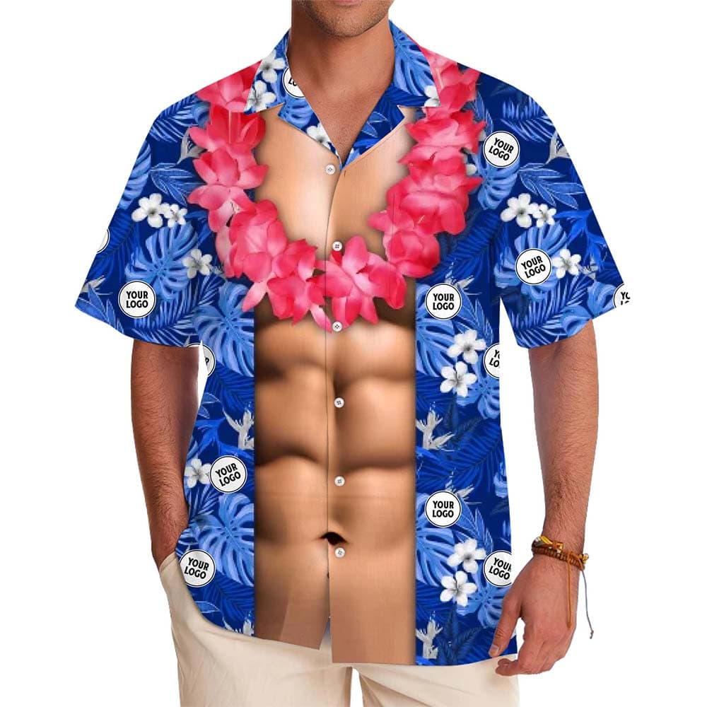 Model in Ridiculous Hawaiian Shirts With Custom Logo No Minimum