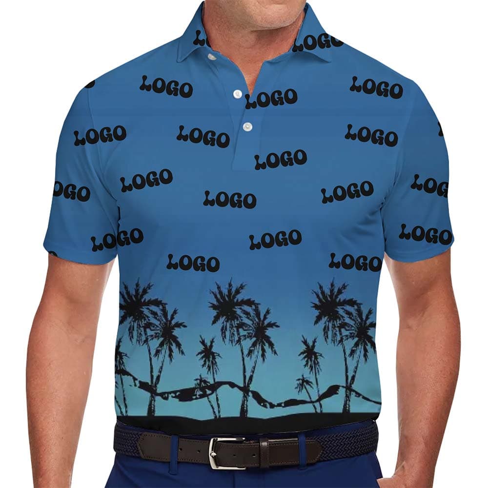 Model in Sunset Custom Logo Golf Shirts With All Over Print Logo