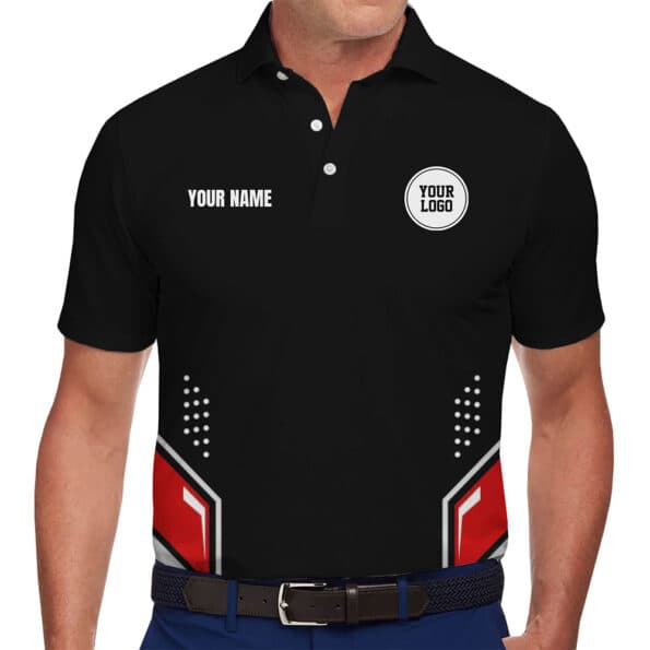 Modern Custom Polo Shirt with Logo and Red Geometric Design
