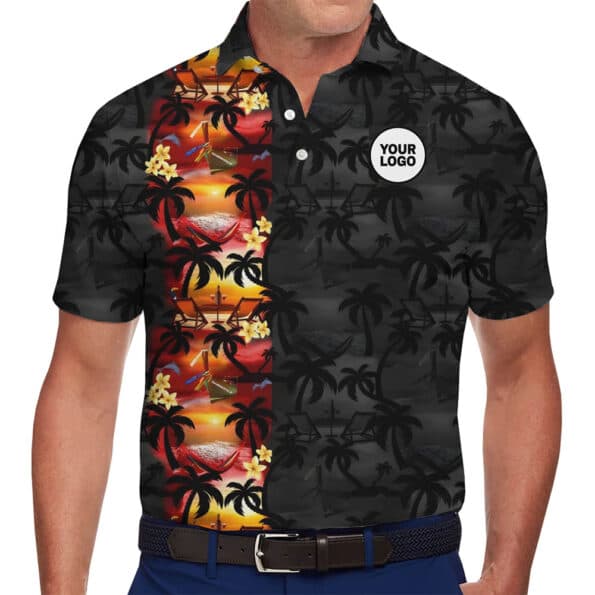Modern Logo Polo Shirt with Tropical Sunset Design In Model