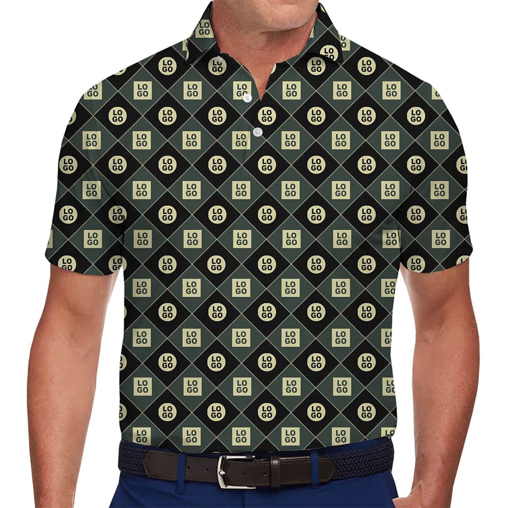 Modern Polo Shirt with Repetitive Diamond Logo Print in model