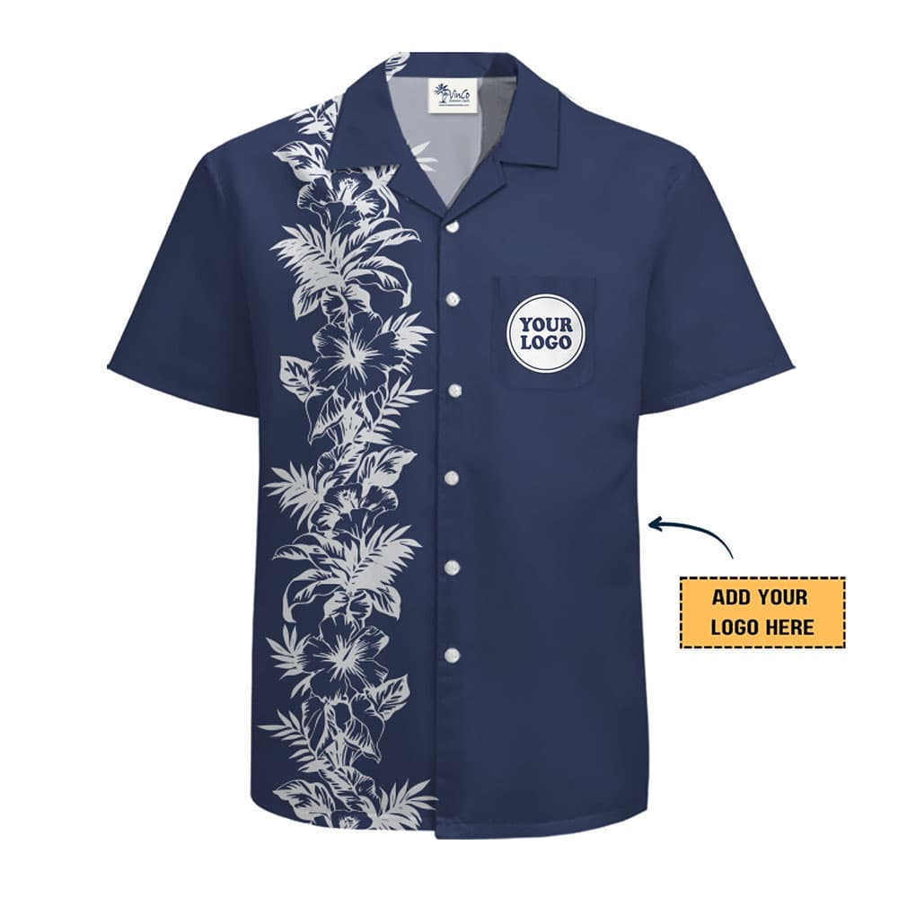 Navy Blossom Custom Logo Hawaiian Shirt With Preview
