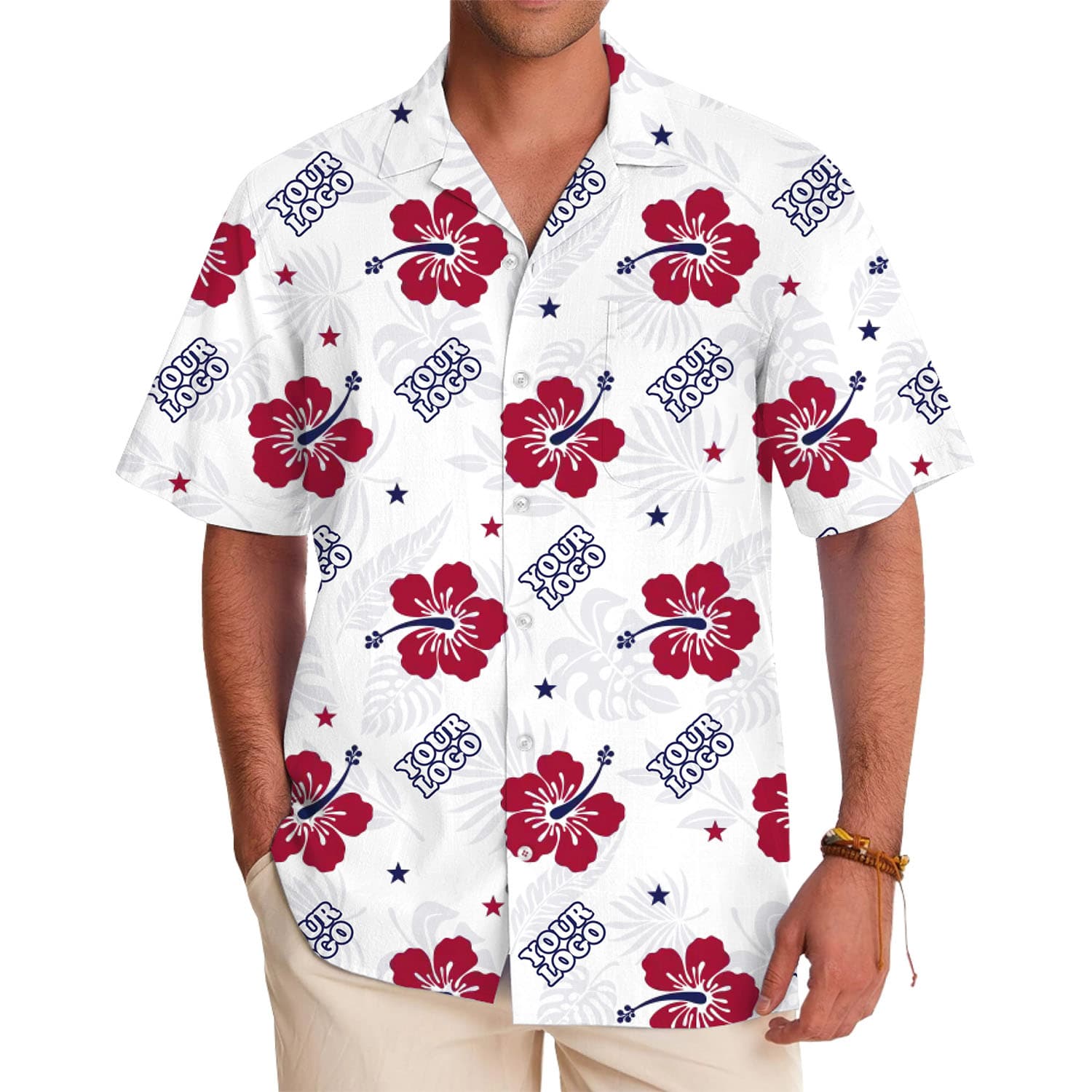 Patriotic Hibiscus Custom Logo Hawaiian Shirt Live Preview in model