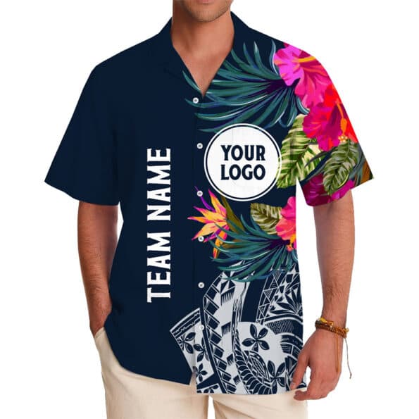 Personalized Floral Hawaiian Shirt With Team Logo and Name in model
