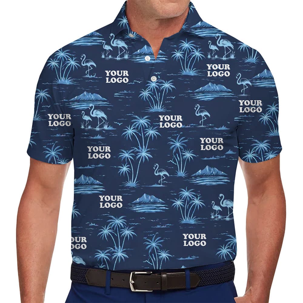 Personalized Navy Tropical Flamingo Polo Shirt with Logo in model