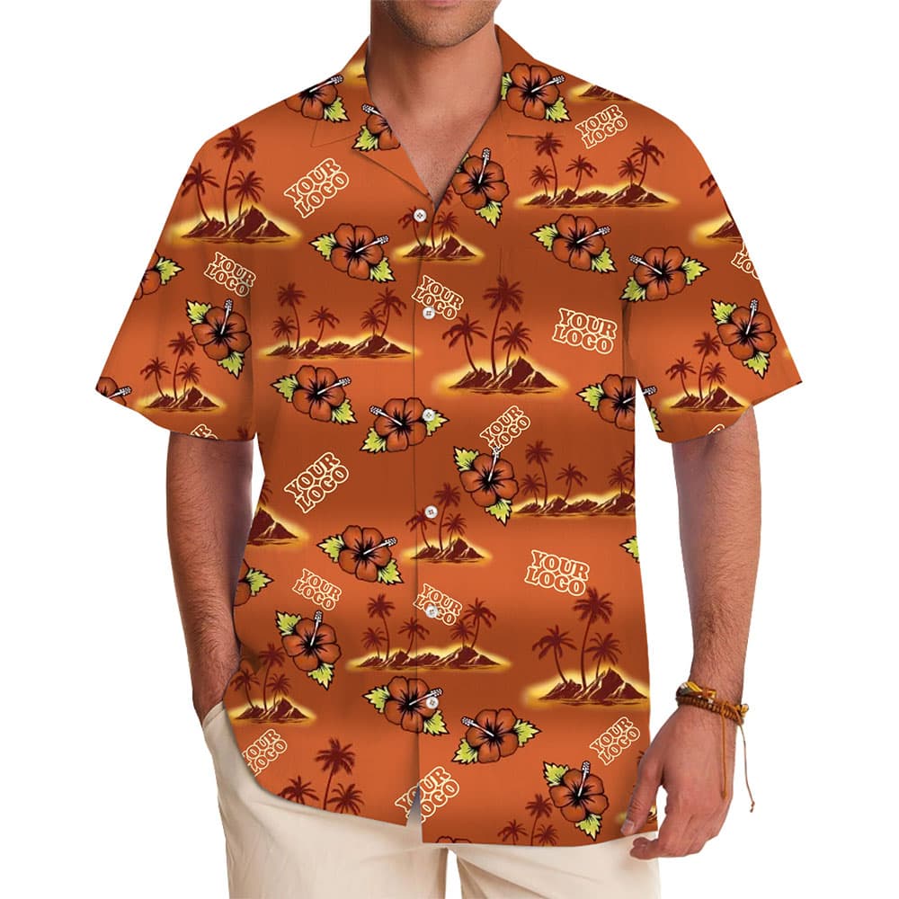 Personalized Orange Hawaiian Shirt Vibrant Beach and Palm Tree Design 1