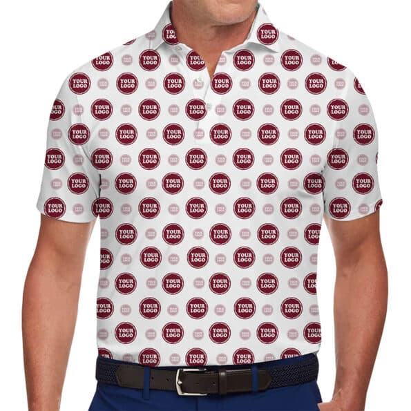 Personalized Polo Shirt with Repetitive Logo Pattern in model