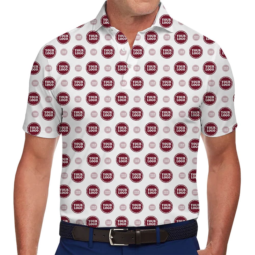 Personalized Polo Shirt with Repetitive Logo Pattern in model
