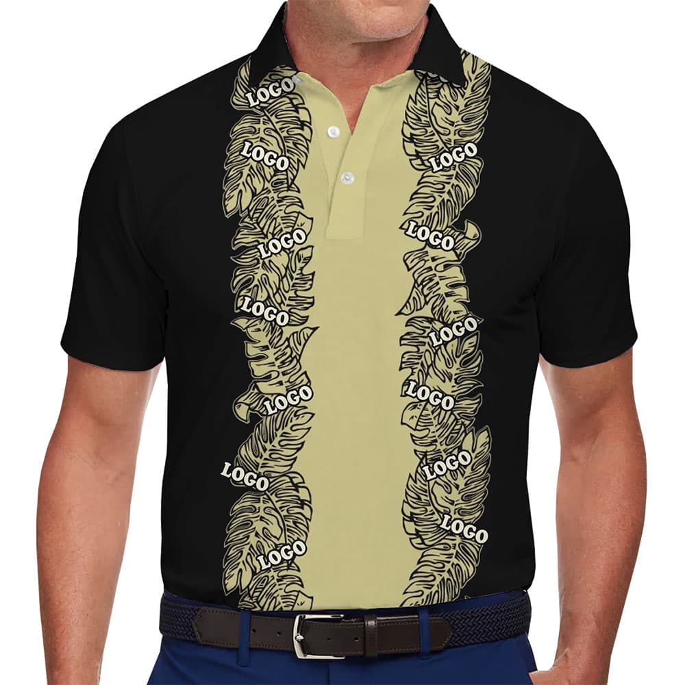 Premium Black and Gold Personalized Polo Shirt with Tropical Charm 1