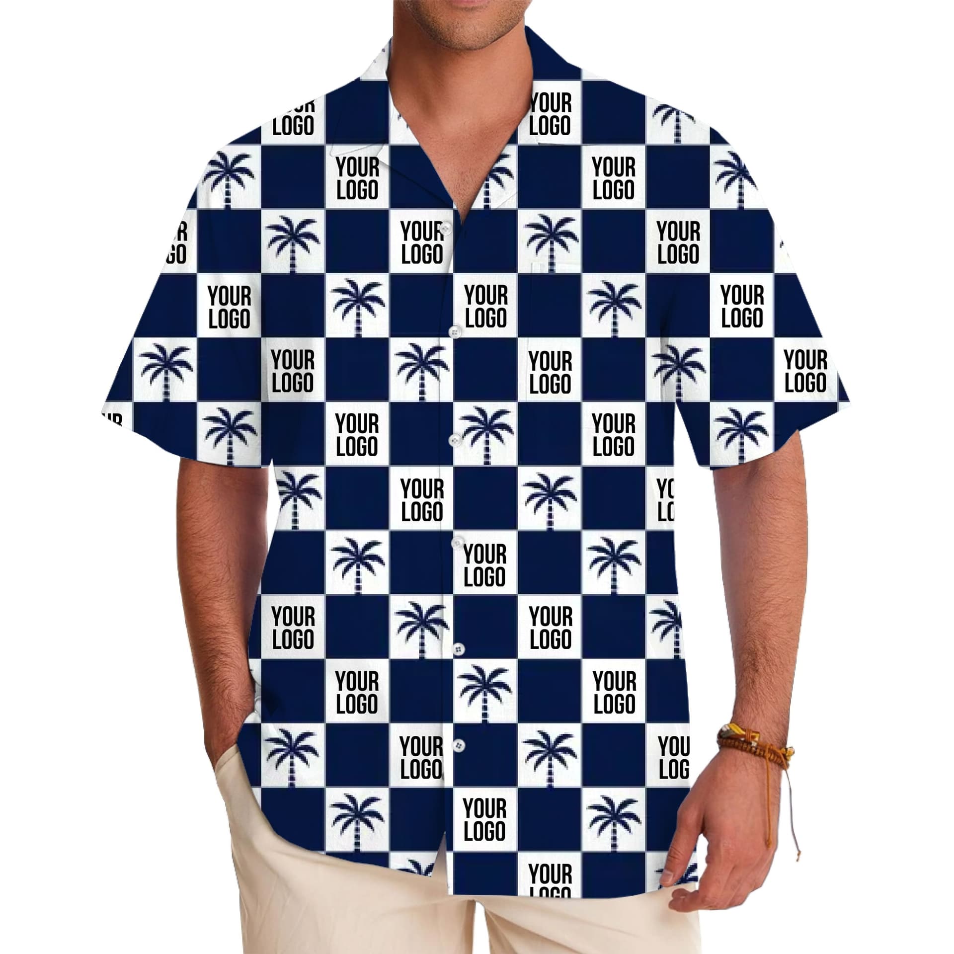 Stylish Palm Tree Aloha Shirt Custom Logo in model