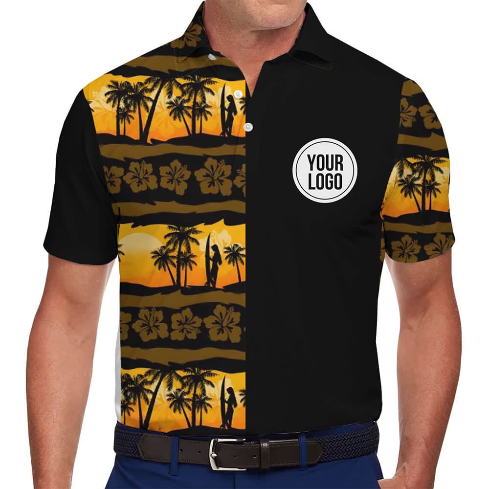 Tropical Custom Polo Shirt with Palm Tree and Sunset Design
