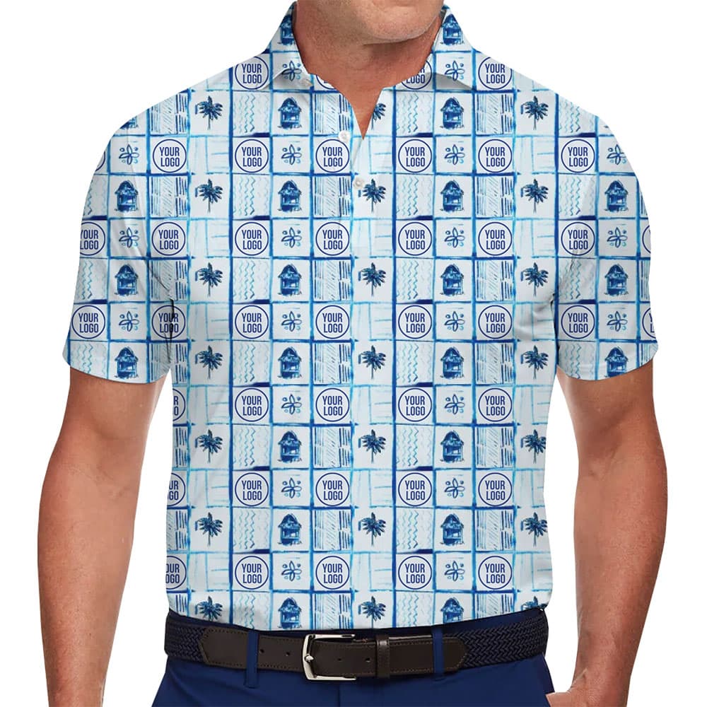 Tropical Island Aqua Blue Hawaiian Polo Shirt Custom Logo in model