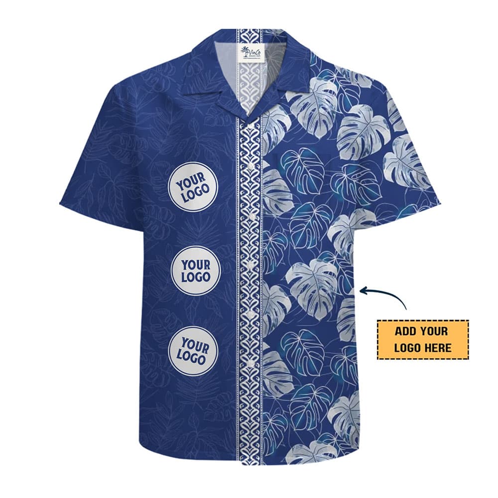 Vintage Monstera Navy Blue Hawaiian Shirt With Custom Logo