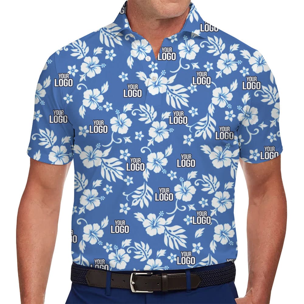Blue Floral Collared Polo Shirt With Custom Logo