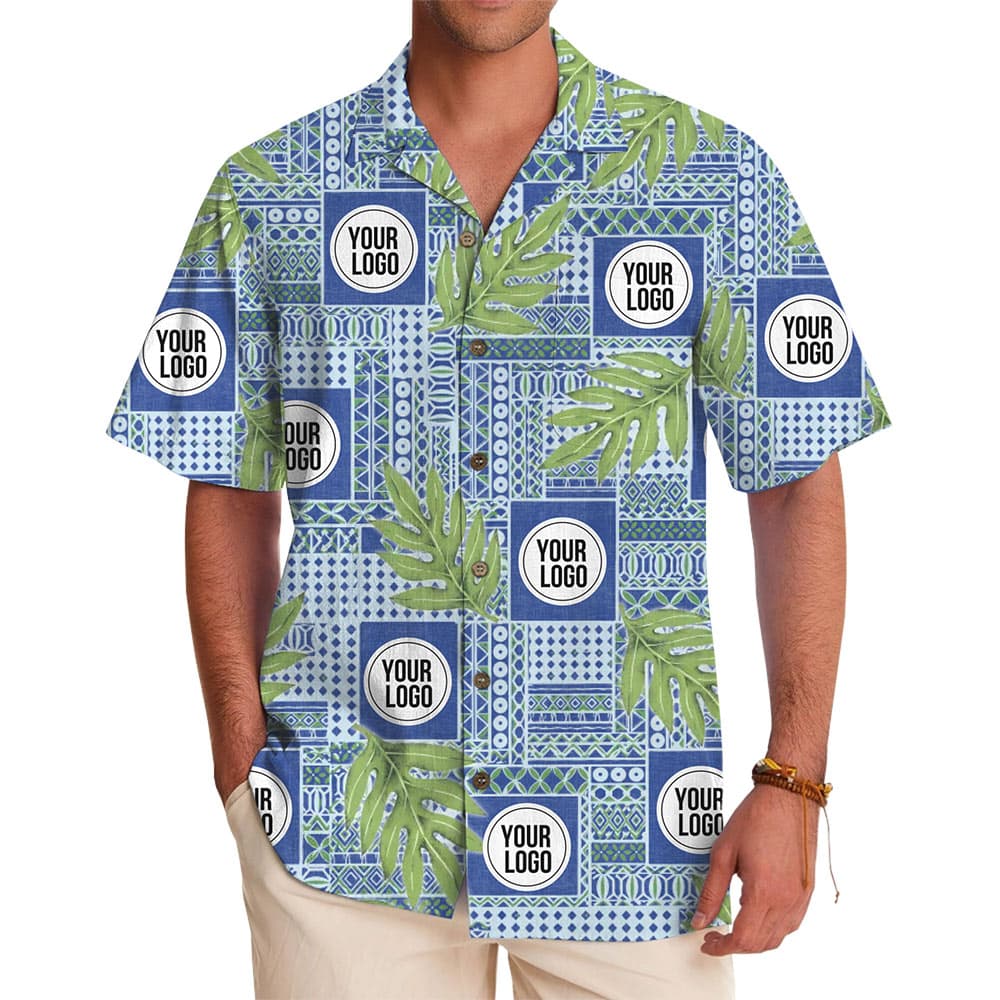 Custom Logo Blue Tropical Leaf Hawaiian Shirt