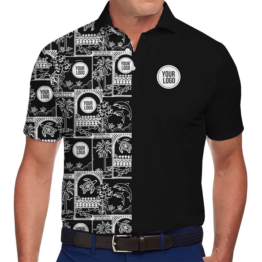 Custom Logo Polo Shirt with Unique Two-Tone Tropical Design