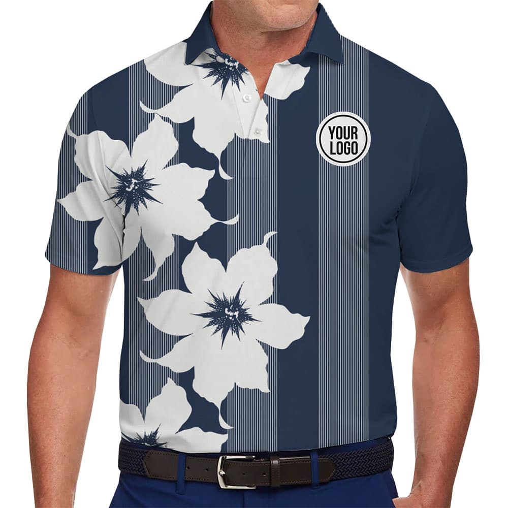 Custom Polo Shirt With Floral and Stripe Pattern For Men