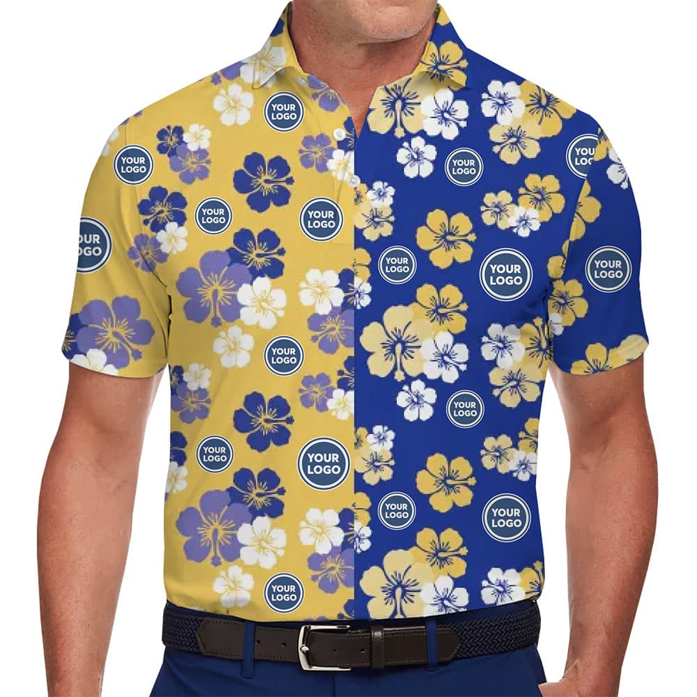 Custom Polo Shirt with Bright Floral Design and Logo for team