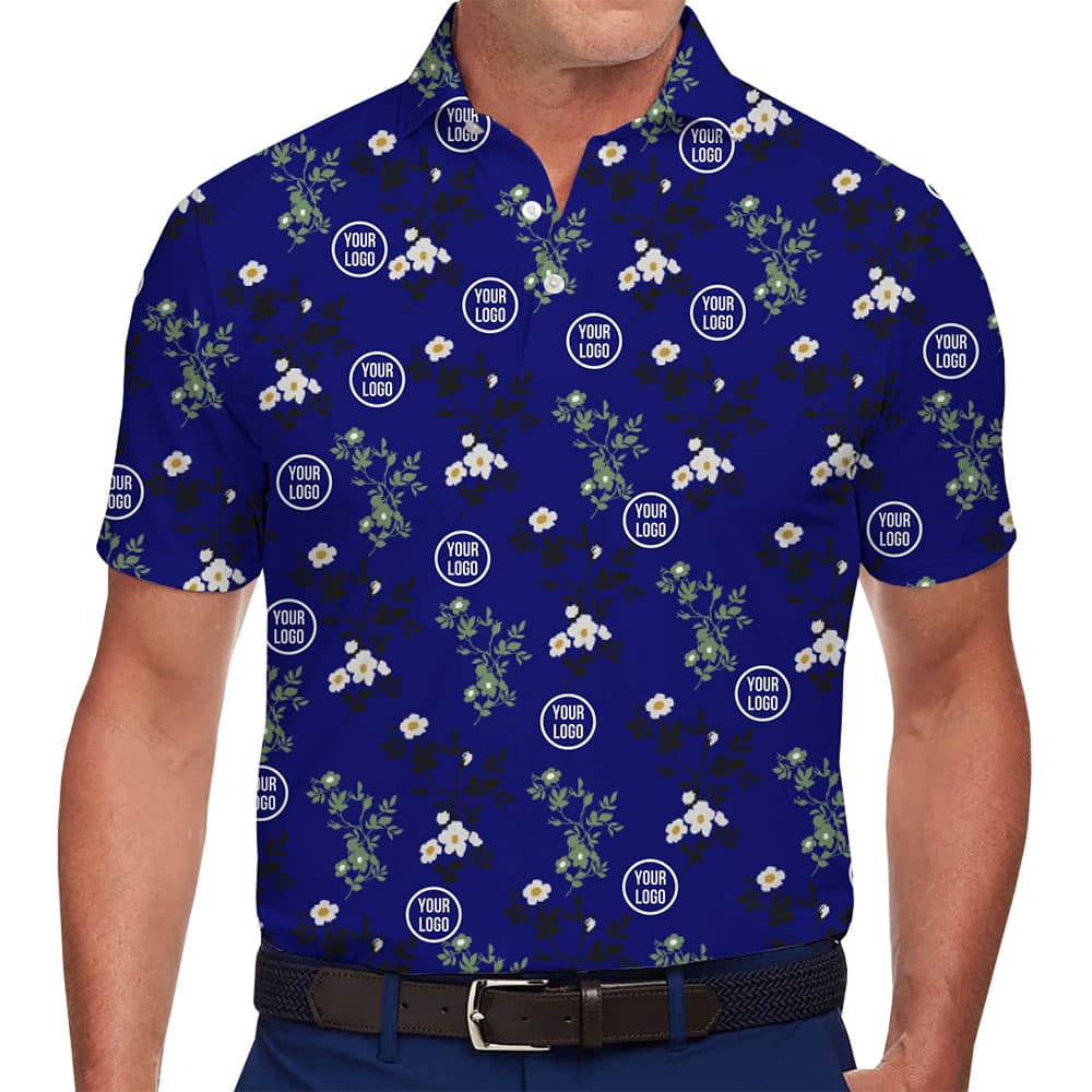 Custom Royal Blue Floral Polo Shirt with Personalized Logo 1